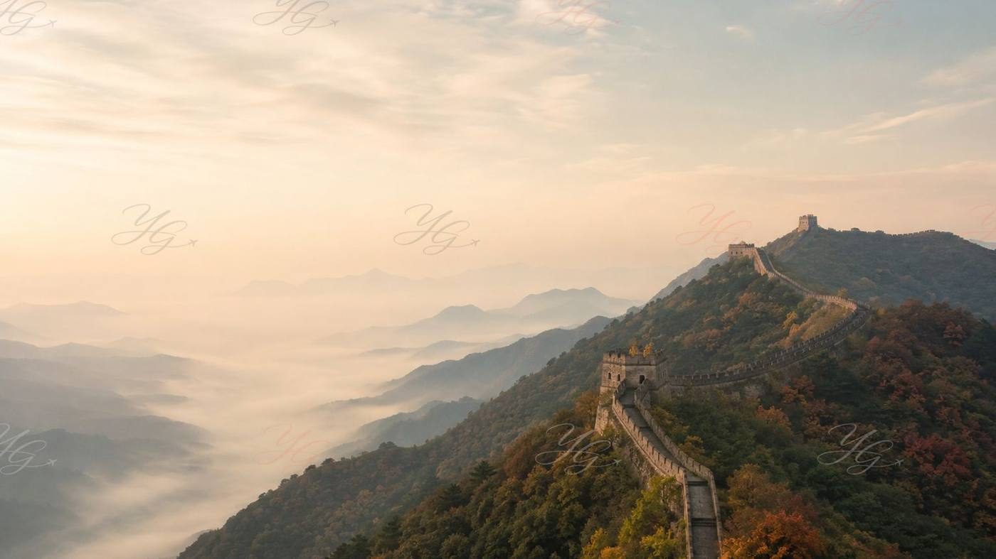 La Grande Muraille de Chine serpentant sur les crêtes boisées au lever du jour