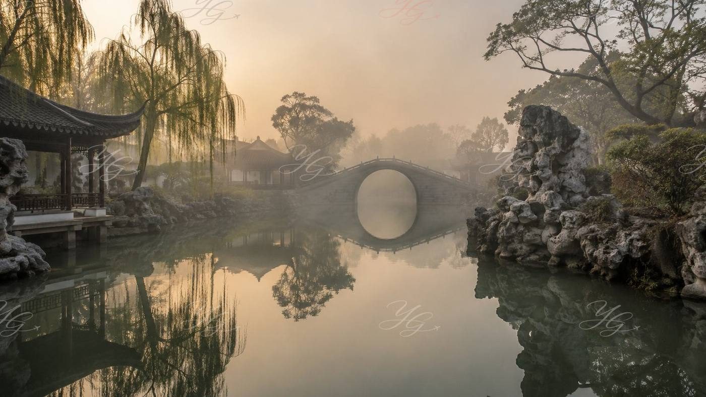 Jardin classique de Suzhou dans la brume du matin