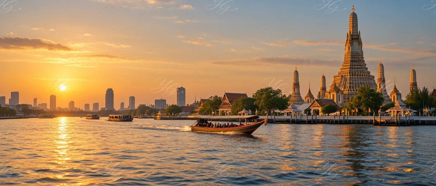 Le fleuve Chao Phraya à Bangkok au coucher du soleil, temple et bateau traditionnel
