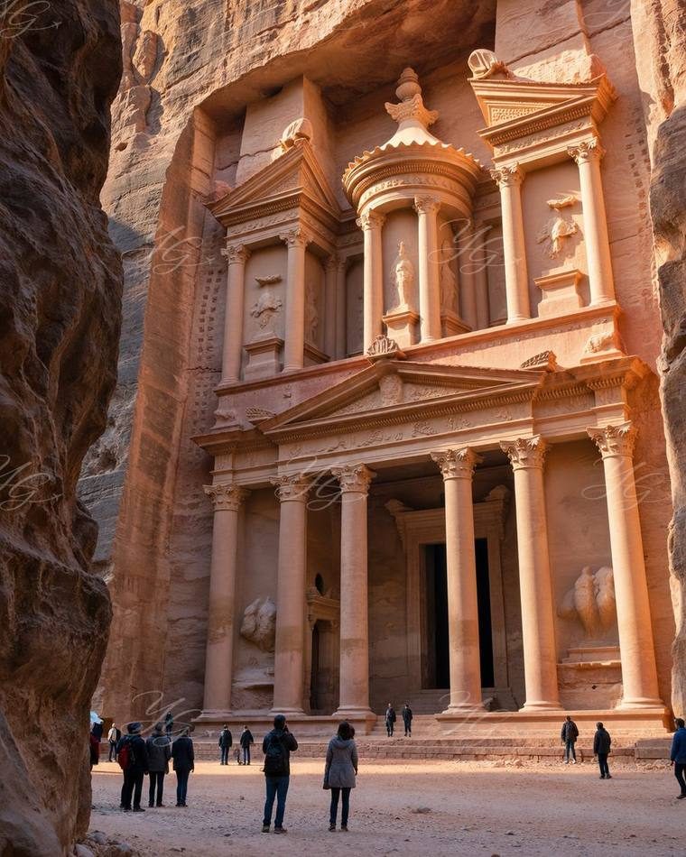 La façade du Trésor de Pétra taillée dans la roche rose, silhouettes de visiteurs à sa base