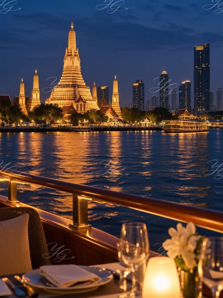 Table dressée à bord d’un bateau sur le Chao Phraya, temple illuminé en arrière-plan