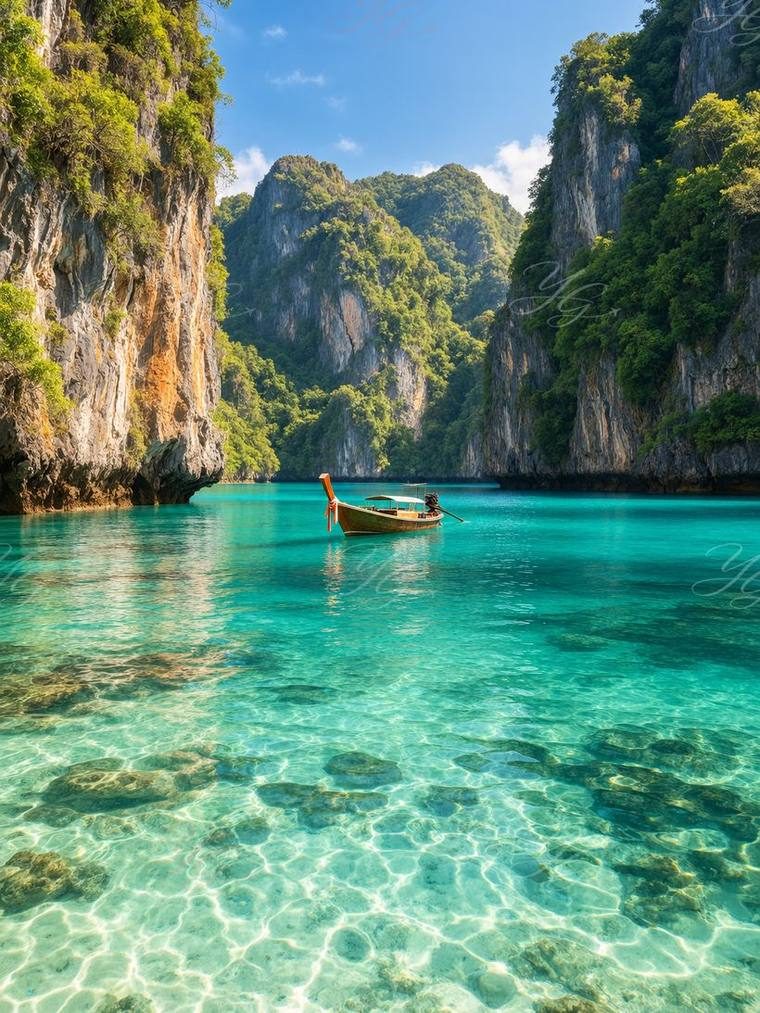 Lagune turquoise des îles Phi Phi encadrée de falaises calcaires