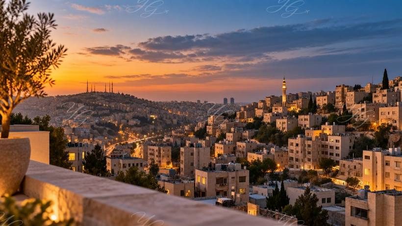 Les collines de pierre blanche d’Amman au crépuscule