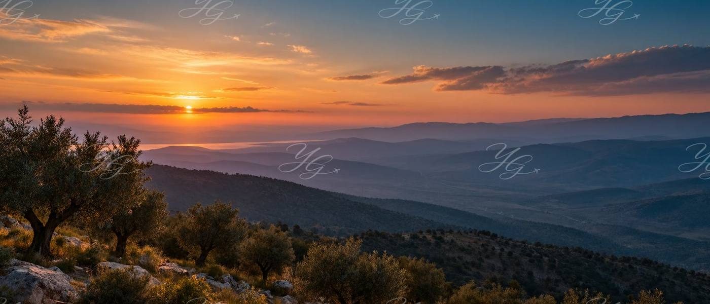 La vallée du Jourdain au coucher du soleil, oliviers et crêtes successives