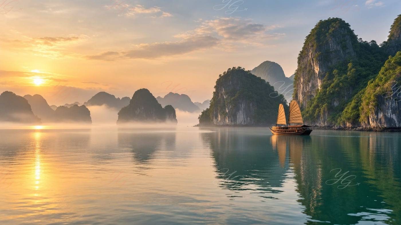La baie d’Halong au lever du jour, jonque traditionnelle entre les pitons calcaires