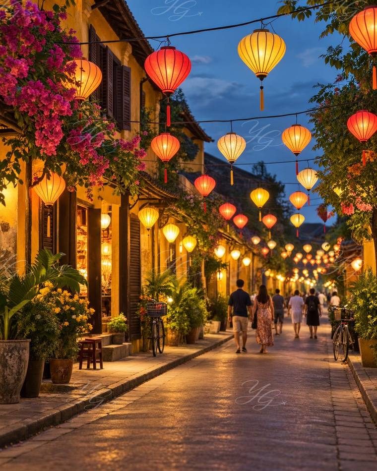 Ruelle de la vieille ville de Hoi An illuminée par des lanternes de soie au crépuscule