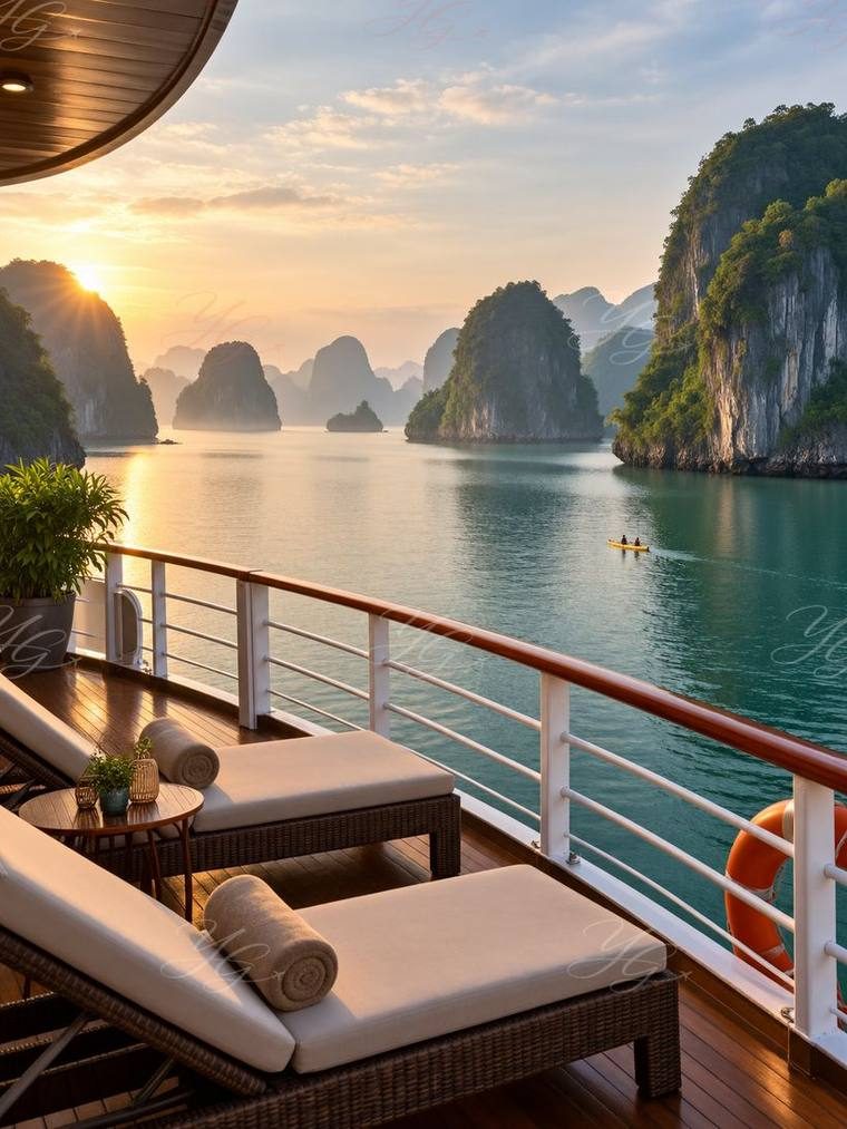Pont supérieur d’un bateau de croisière face aux pitons de la baie d’Halong
