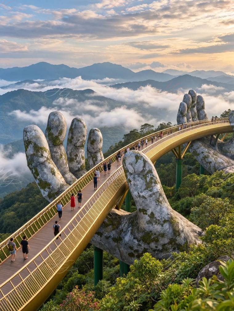 Le Pont aux Mains d’Or de Ba Na Hills, porté par deux mains de pierre au-dessus des nuages