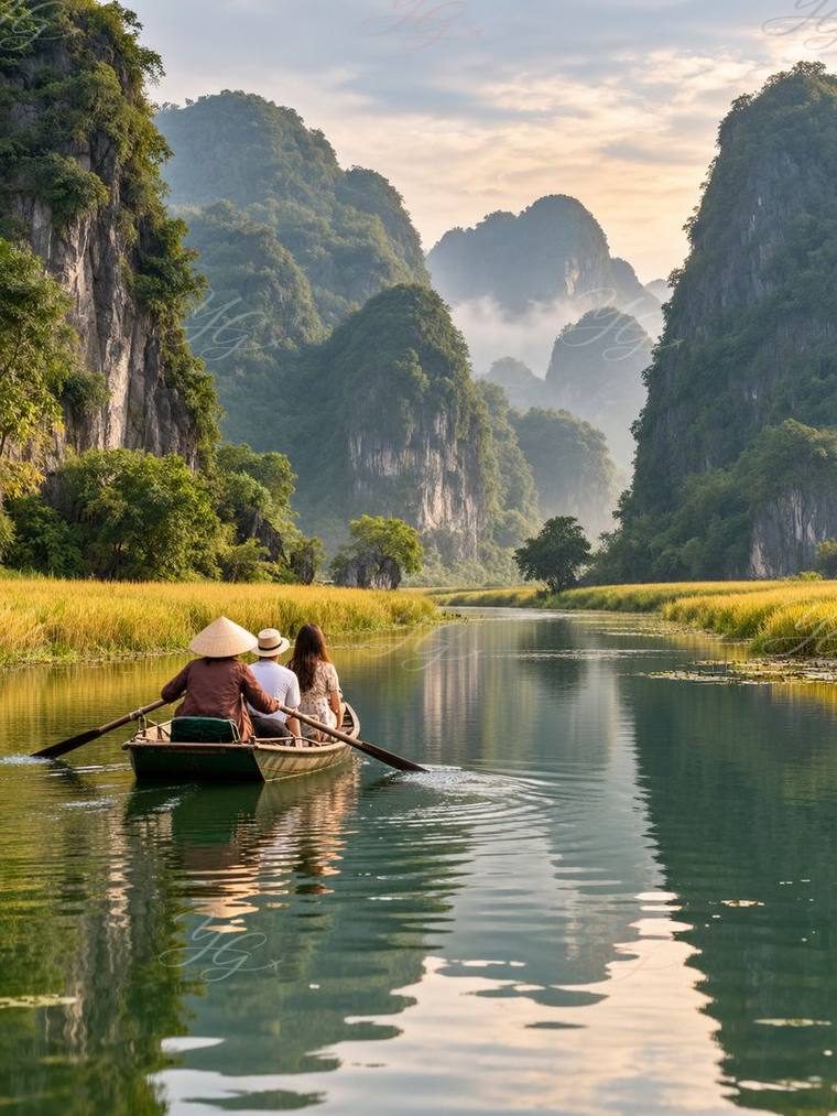 Promenade en sampan à rames sur la rivière de Tam Coc, entre rizières et pitons karstiques