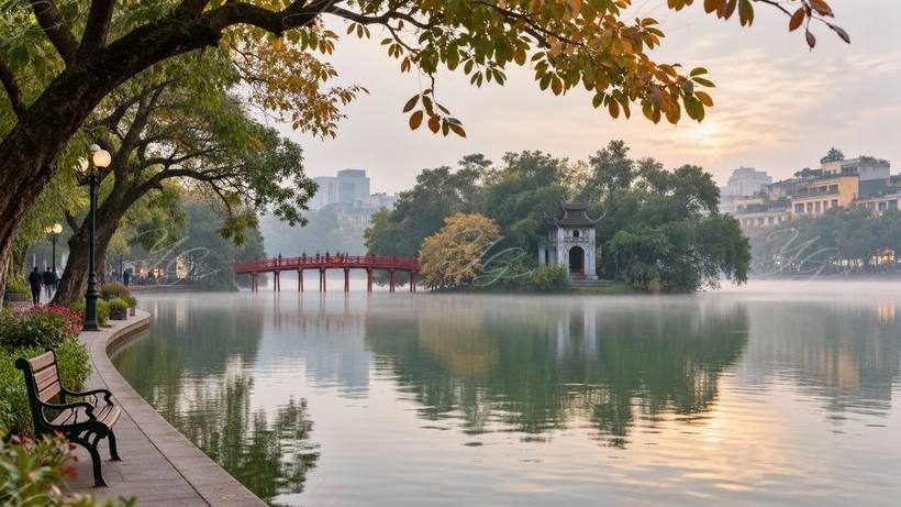 Le lac Hoan Kiem et son pont rouge dans la brume du matin