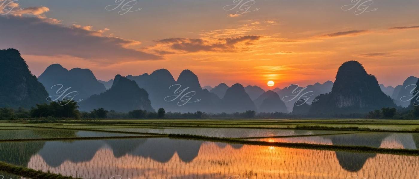 Rizières en eau et pitons karstiques du nord du Vietnam au coucher du soleil